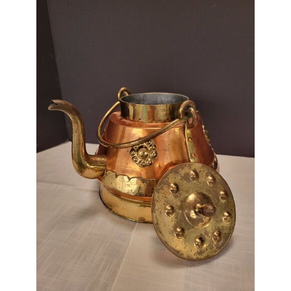Large Vintage Brass & Copper Teapot Kettle W/ Removable Lid Made in Belgium - Picture 7 of 12